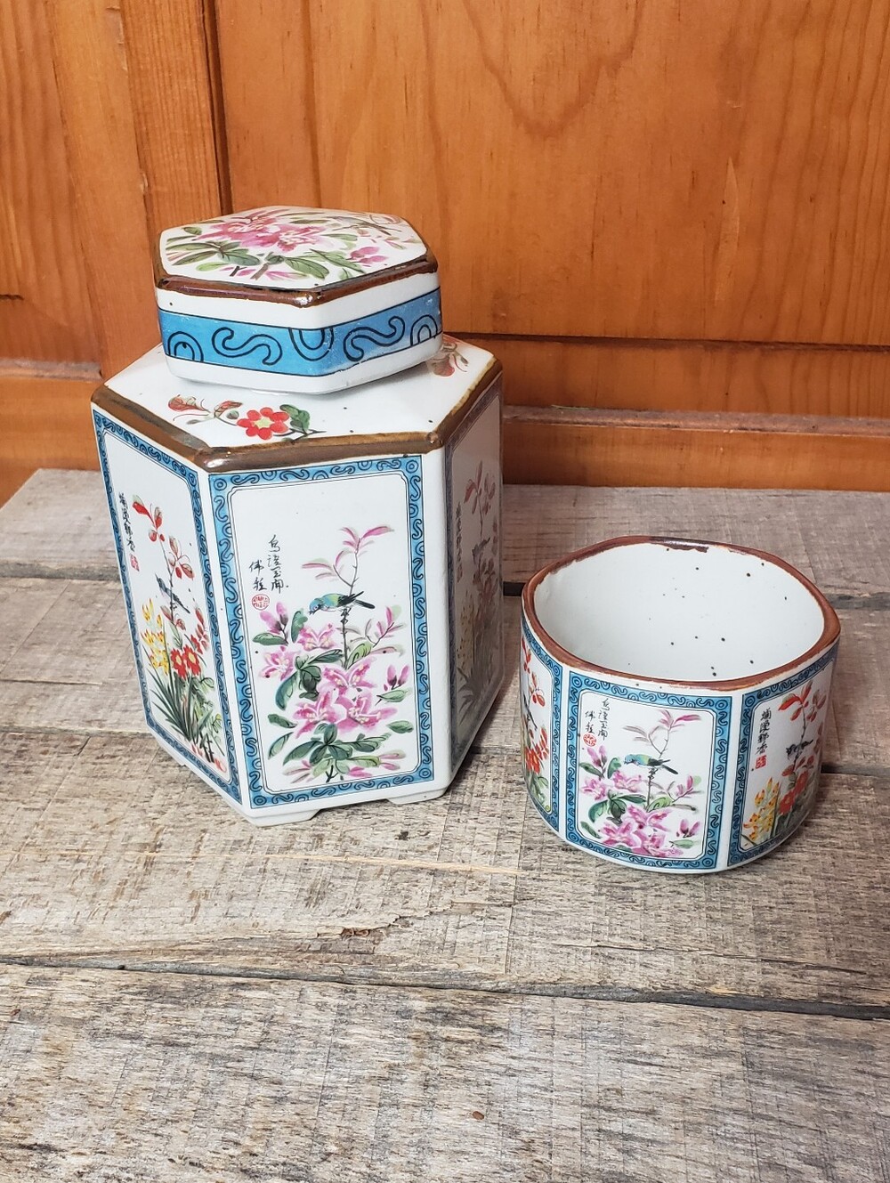 Vintage Japan Tea Jar/Ginger Jar & Cup Birds And Flowers Porcelain - Picture 1 of 10